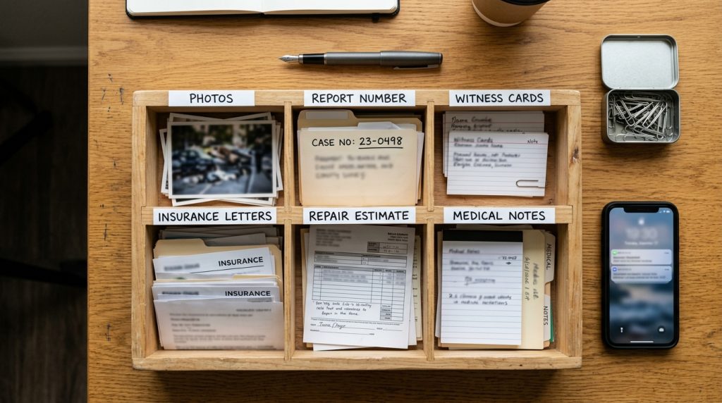 Atlanta personal injury evidence tray with photos reports witness notes and insurance records