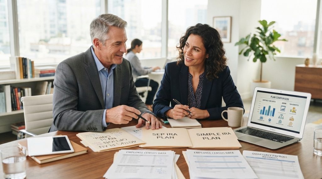 Small business owner comparing 401(k), SEP IRA, and SIMPLE IRA retirement plans