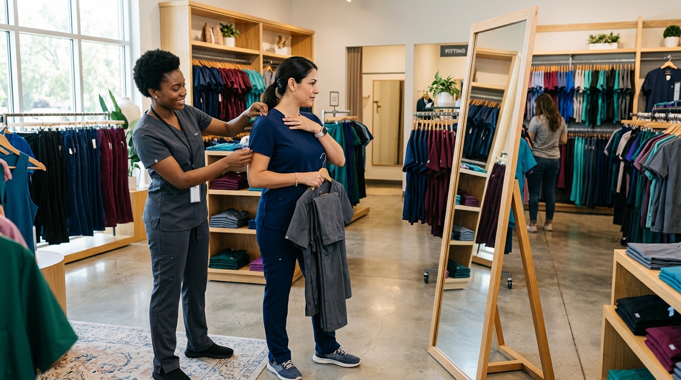 Healthcare professional receiving fitting assistance inside a medical scrub store