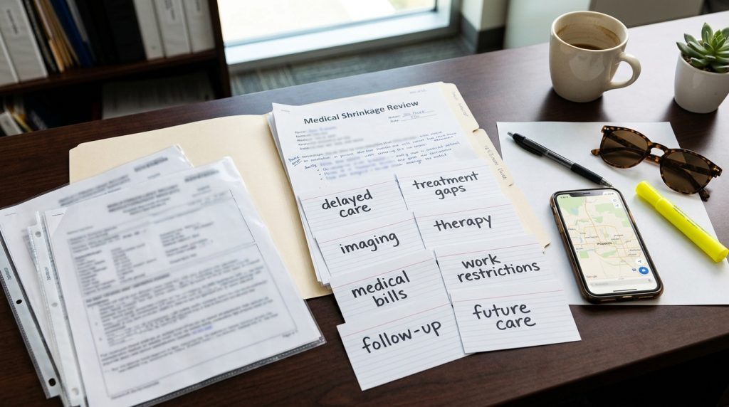 Phoenix injury settlement medical shrinkage review with delayed care treatment gaps imaging therapy medical bills work restrictions and future care notes
