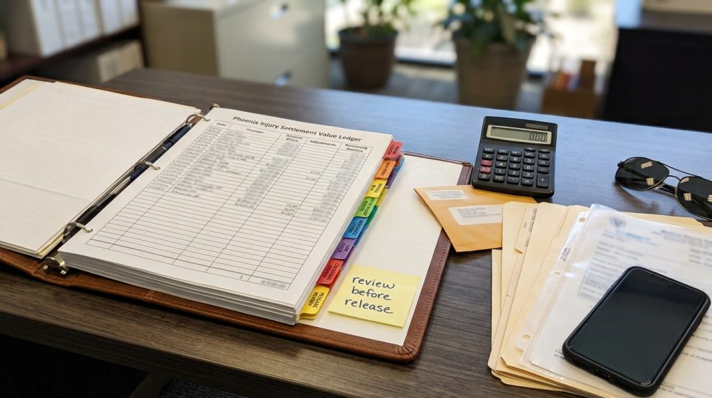 Phoenix injury settlement value ledger with repair records wage proof medical bills out of pocket receipts insurance letters lien check coverage review and release review tabs