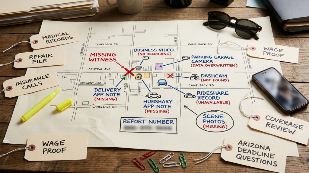Phoenix settlement evidence shrinkage map with missing witnesses dashcam business video parking garage camera rideshare record report number and scene photo notes