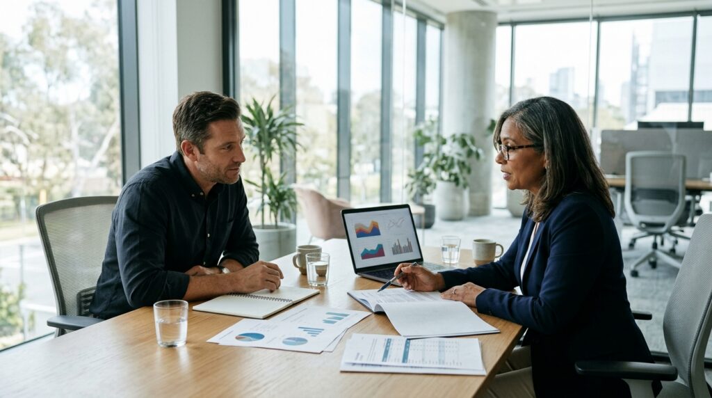 Professional financial advisor discussing wealth management strategies with an adult client