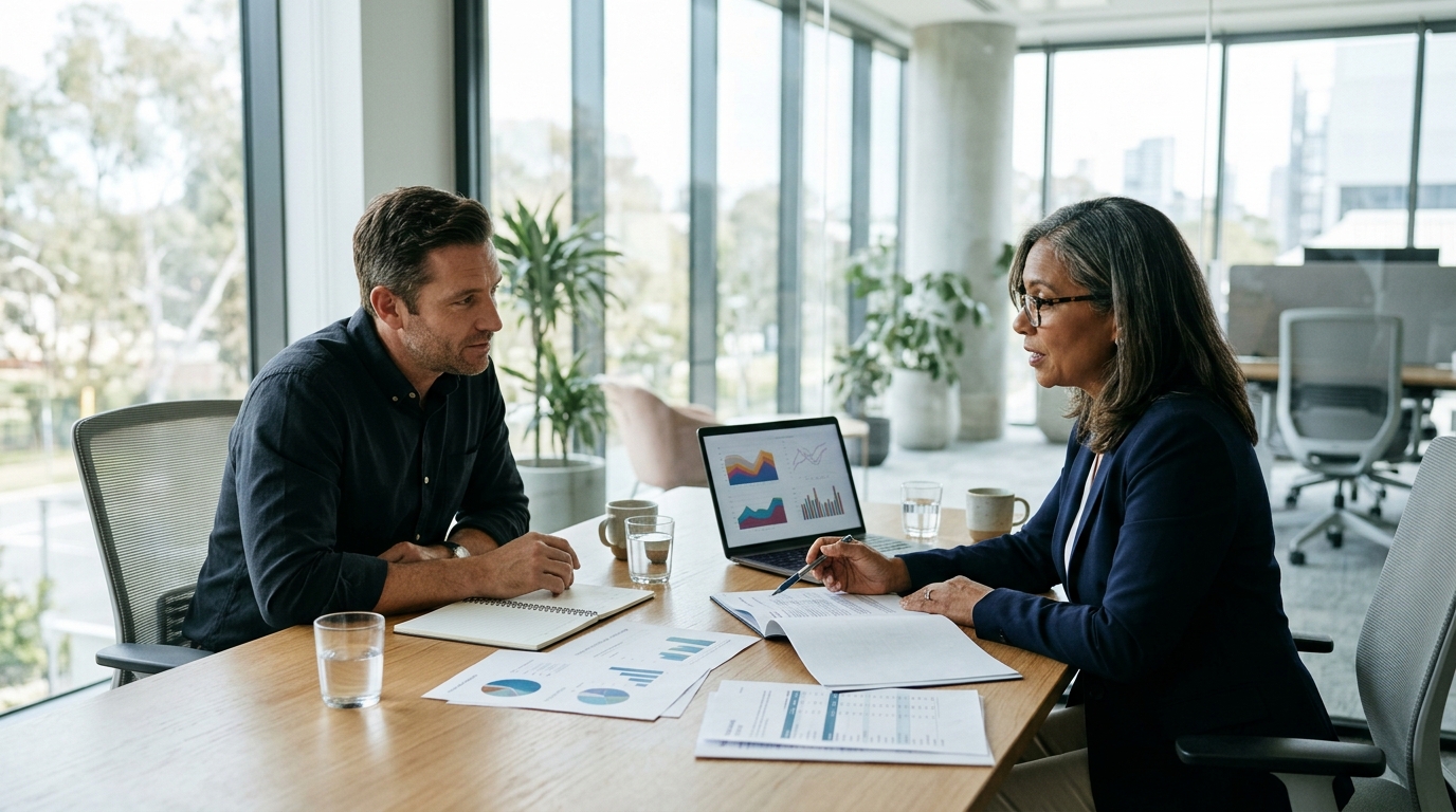 Professional financial advisor discussing wealth management strategies with an adult client
