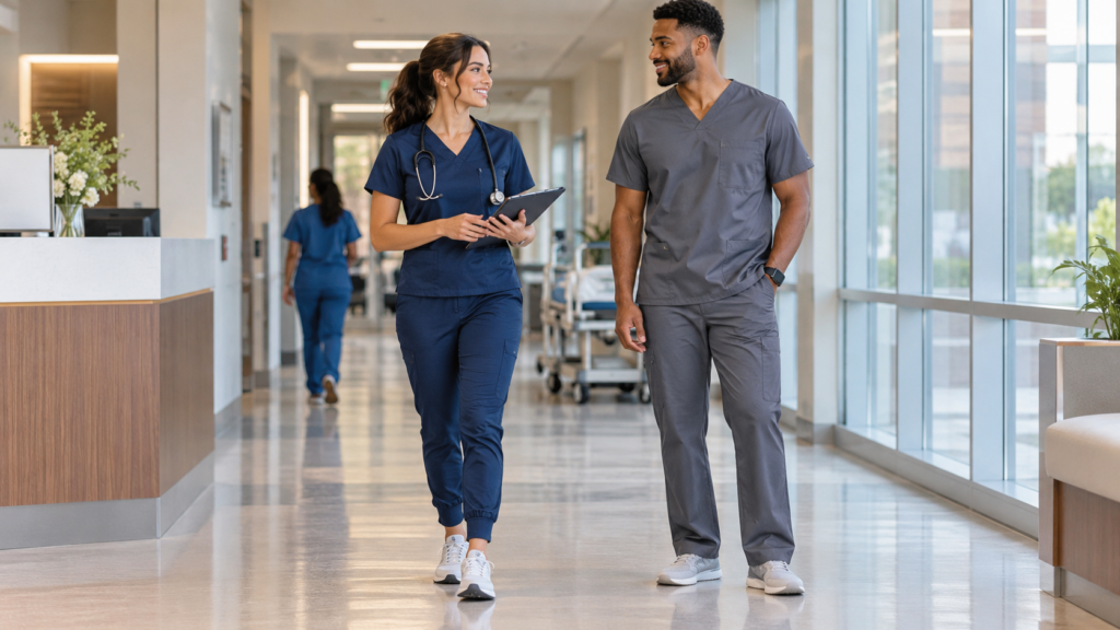 Healthcare professional wearing modern jogger and straight-leg scrub pants