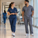 Healthcare professional wearing modern jogger and straight-leg scrub pants